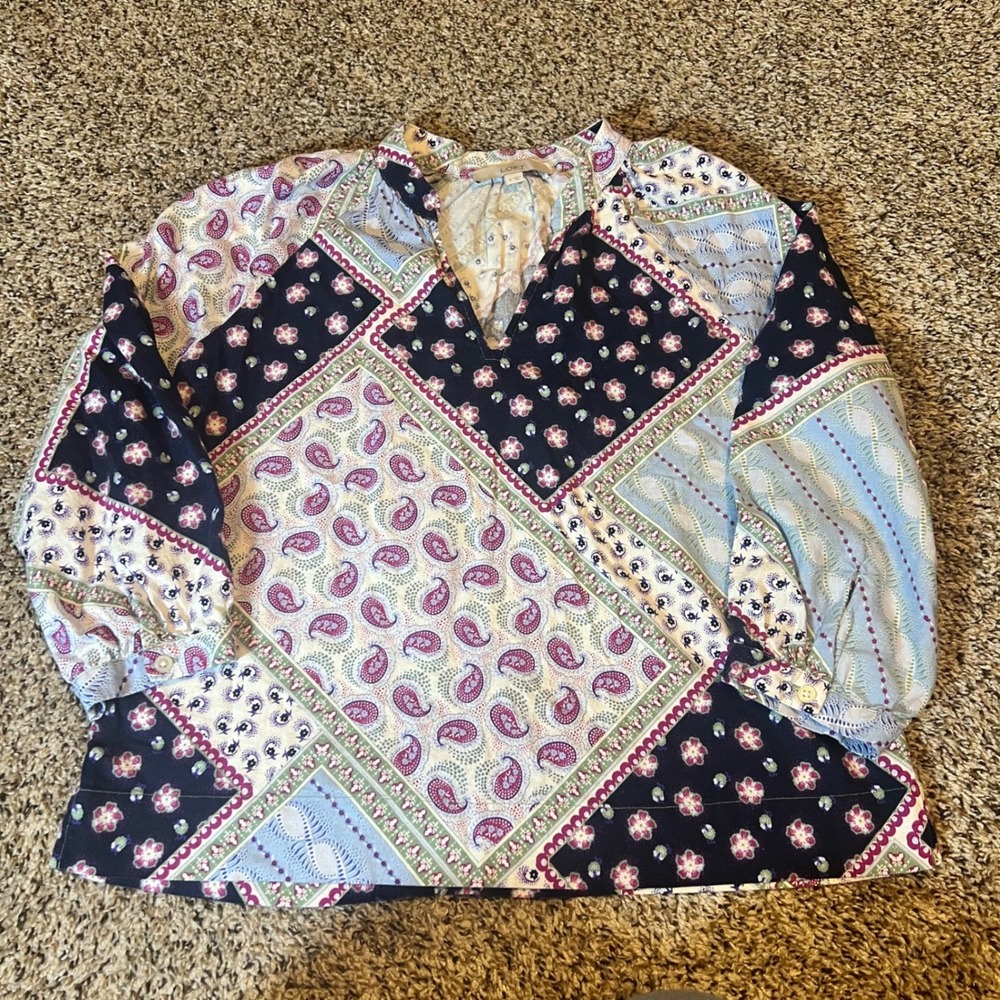 LOFT Patchwork Paisley Floral Print V‎ Neck Blouse Women Size M